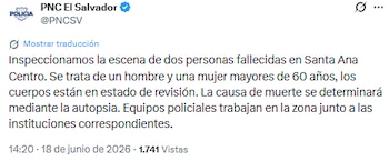 La PNC acordonó la escena en Santa Ana Centro e inició la inspección técnica con las instituciones competentes. (Cortesía: PNC de El Salvador)