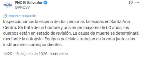 La PNC acordonó la escena en Santa Ana Centro e inició la inspección técnica con las instituciones competentes. (Cortesía: PNC de El Salvador)