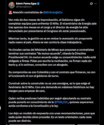 Edwin Palma afirmó que en el Ministerio de Minas y Energía enviaron comunicaciones para finalizar contratos bajo la figura de mutuo acuerdo - crédito X