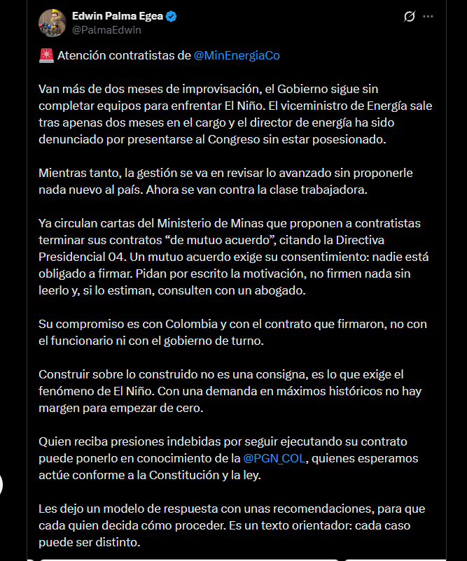 Edwin Palma afirmó que en el Ministerio de Minas y Energía enviaron comunicaciones para finalizar contratos bajo la figura de mutuo acuerdo - crédito X