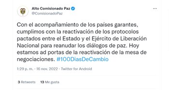 Alto comisionado de paz confirma