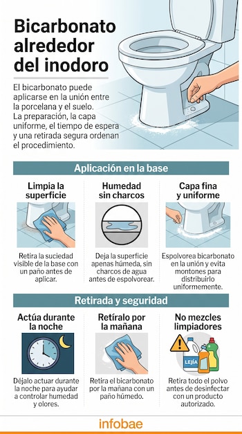 Infografía con ilustraciones de un inodoro, manos limpiando con un paño, bicarbonato en el suelo, un reloj y productos de limpieza.