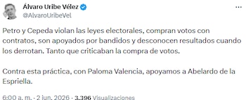 Álvaro Uribe Vélez señaló a Gustavo Petro e Iván Cepeda por supuestas violaciones electorales - crédito @AlvaroUribeVel/X