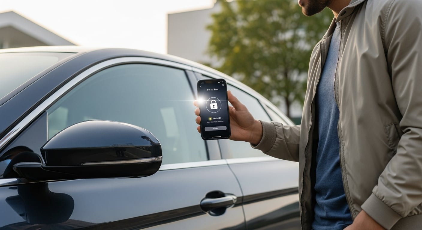 Una persona utiliza su celular como llave inteligente para abrir su auto estacionado en la calle. (Imagen Ilustrativa Infobae)