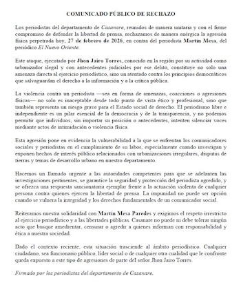 Periodistas de Casanare rechazaron las