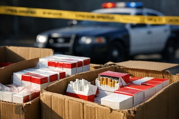 Primer plano de varias cajas de cartón abiertas llenas de paquetes de cigarrillos sin marca. Una cinta policial amarilla y una patrulla se ven desenfocadas al fondo.