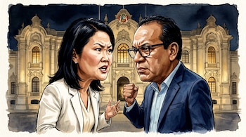 Dibujo tipo acuarela con Keiko Fujimori a la izquierda en blazer blanco y Roberto Sánchez a la derecha en saco azul, frente al Palacio de Gobierno de Perú de noche.
