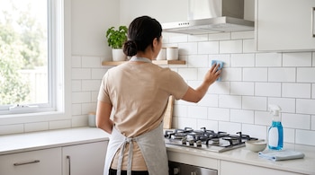 Una persona de espaldas limpia azulejos blancos con una esponja sobre una estufa con un pulverizador cerca.