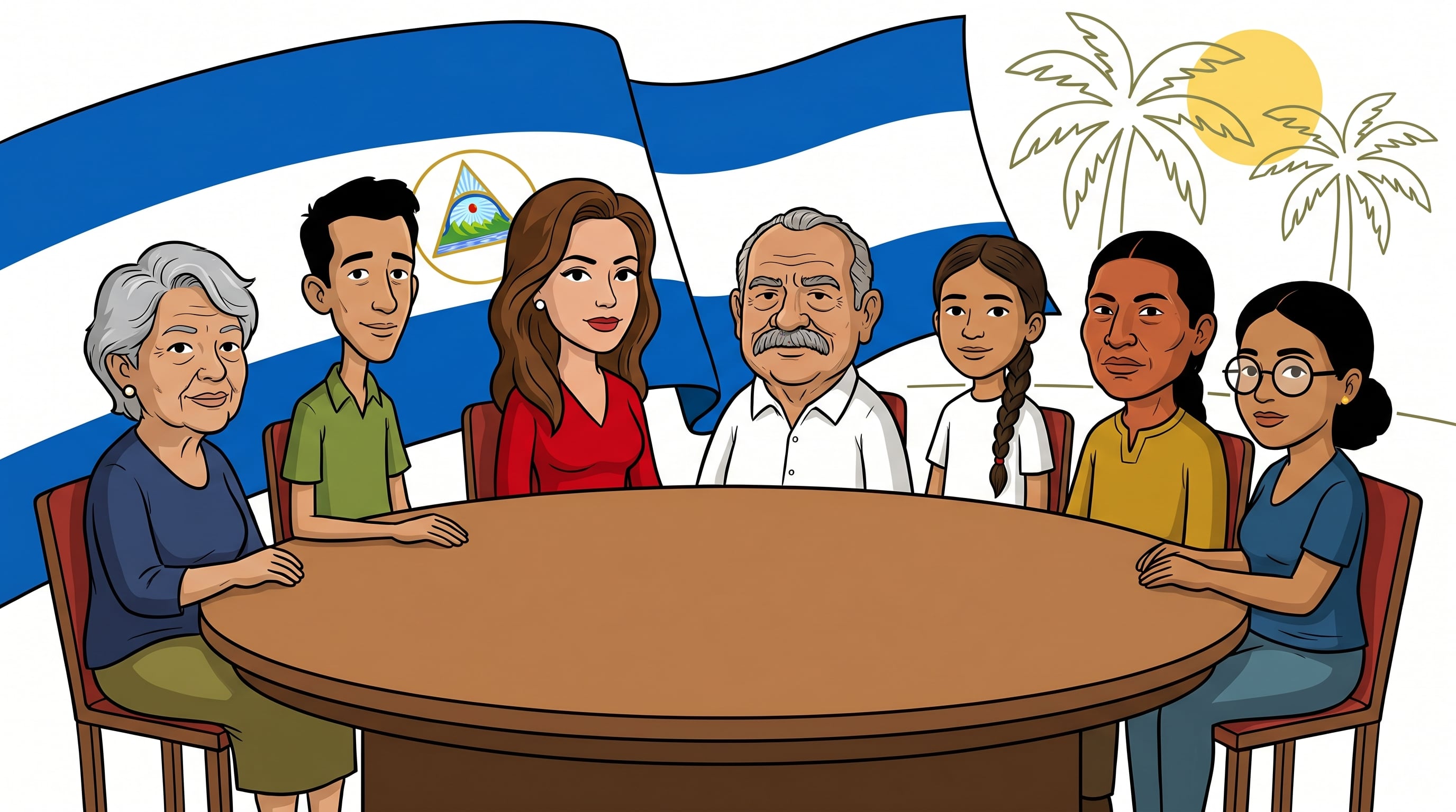 Caricatura editorial que muestra a siete personajes anónimos, representando a tipos centroamericanos, sentados alrededor de una mesa redonda, con la bandera de Nicaragua y palmeras de Miami de fondo, simbolizando un posible diálogo o situación política. (Imagen Ilustrativa Infobae)
