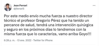 Universitario: Gregorio Pérez será operado debido a un “percance de salud” (Foto: Twitter Jean Ferrari)