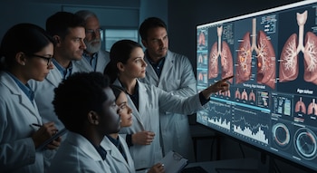 Seis científicos con batas de laboratorio observan una gran pantalla que muestra modelos 3D de pulmones, datos gráficos y diagramas sobre el envejecimiento; una mujer señala la pantalla.