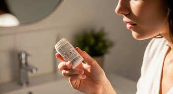 Primer plano lateral de una persona leyendo la etiqueta de un envase blanco de producto cosmético. En el fondo borroso, se vislumbra un lavabo y un espejo.