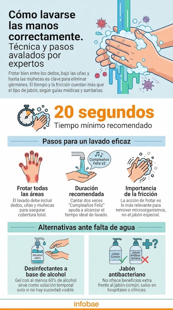 Infografía ilustra cómo lavarse las manos correctamente con agua y jabón, destacando 20 segundos, frotar todas las áreas y alternativas de desinfectante.