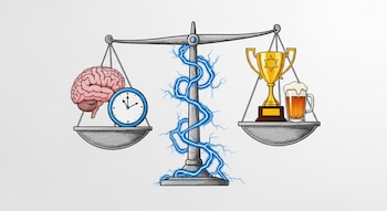 Balanza de dos platos con un cerebro y un reloj en el plato izquierdo, y un trofeo dorado con una jarra de cerveza en el plato derecho. Rayos azules rodean el pilar central de la balanza.