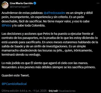 Publicación de julio de 2025 de Lina María Garrido anticipando lo que está ocurriendo con Alfredo Saade - crédito @linamariagarri1