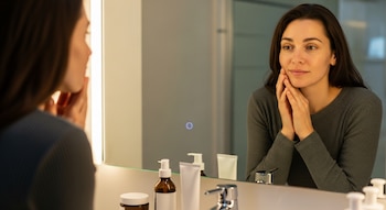 Mujer adulta con cabello oscuro y blusa gris mirando su reflejo en un espejo de baño iluminado; varios productos de skincare sin marca visibles en la mesada.