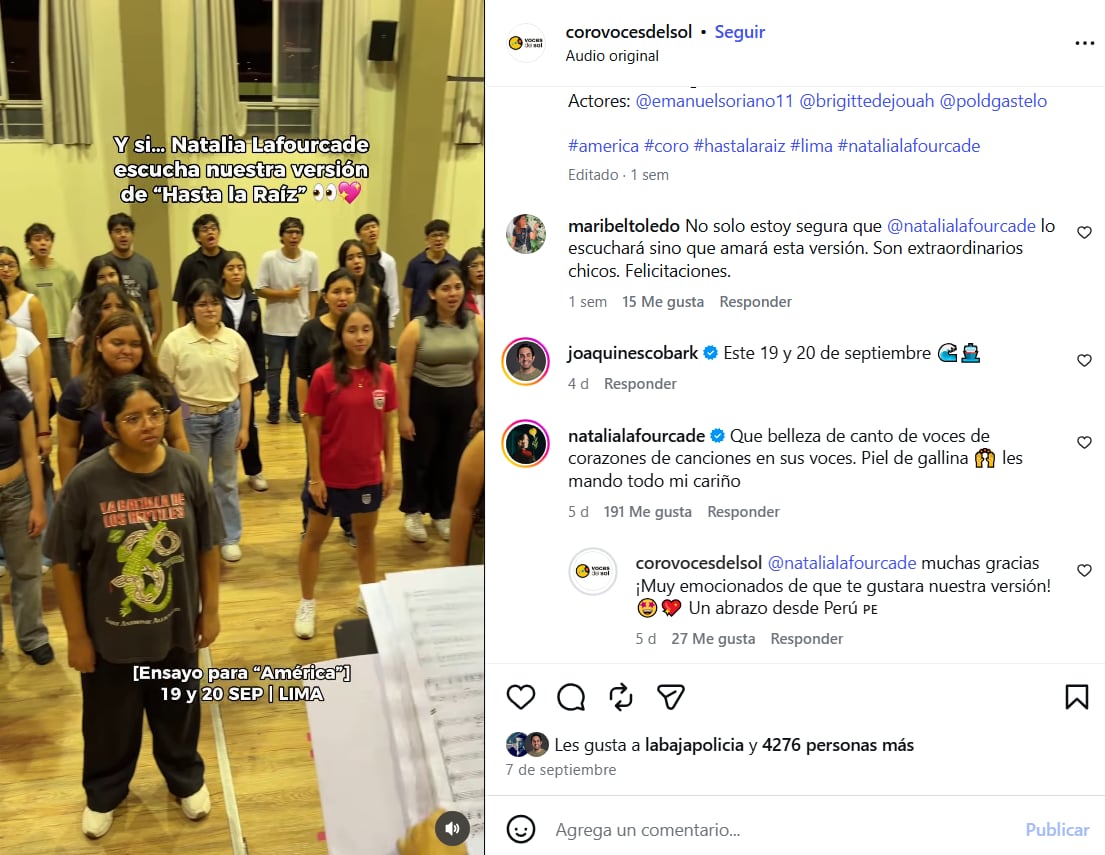 Natalia Lafourcade elogió en redes la versión de “Hasta la raíz” interpretada por el coro peruano Voces del Sol.