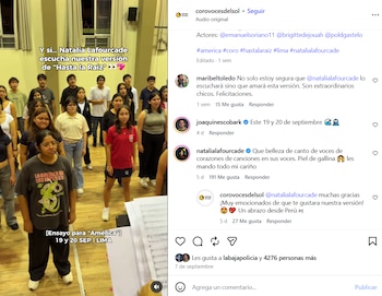 Captura de pantalla de una red social con un video de un coro ensayando y una sección de comentarios