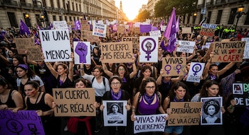 Multitud de mujeres en una manifestación feminista en la calle. Visten de morado y sostienen pancartas con lemas como 'Ni Una Menos'. Al fondo, edificios y el sol poniente.