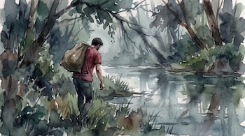 Ilustración de acuarela muestra a un hombre de espaldas con camiseta roja, pantalón oscuro y un saco sobre el hombro caminando hacia una laguna entre árboles y vegetación.
