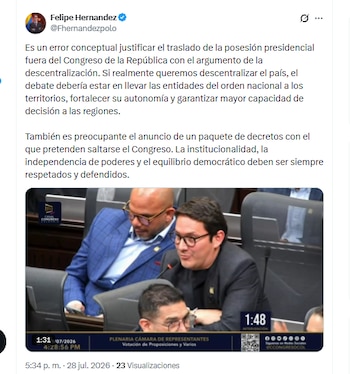 El representante Felipe Hernández rechazó el argumento de "descentralización" que se utilizó para justificar el traslado del Congreso a Cali para la posesión de Abelardo de la Espriella - crédito @Fhernandezpolo/X