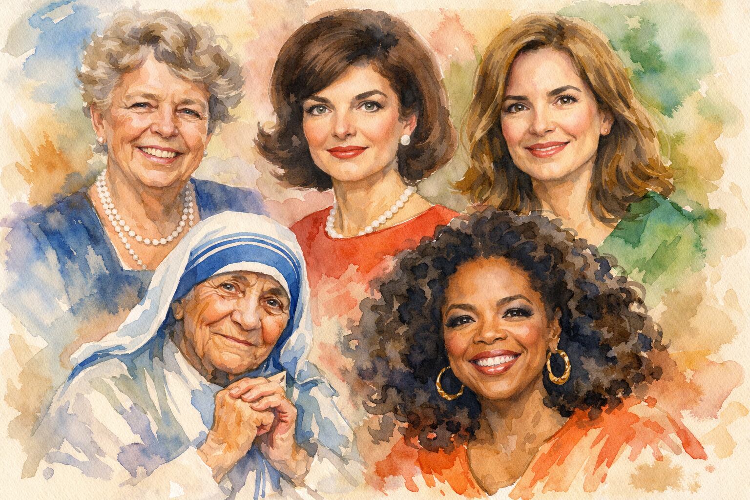 Una vibrante composición en acuarela retrata a Eleanor Roosevelt, Jacqueline Kennedy, Kristin Neff, la Madre Teresa de Calcuta y Oprah Winfrey, celebrando su impacto histórico. (Imagen Ilustrativa Infobae)