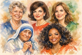 Pintura en acuarela de cinco mujeres prominentes: Eleanor Roosevelt, Jacqueline Kennedy, Kristin Neff, Madre Teresa y Oprah Winfrey. Todas sonríen y miran al frente.