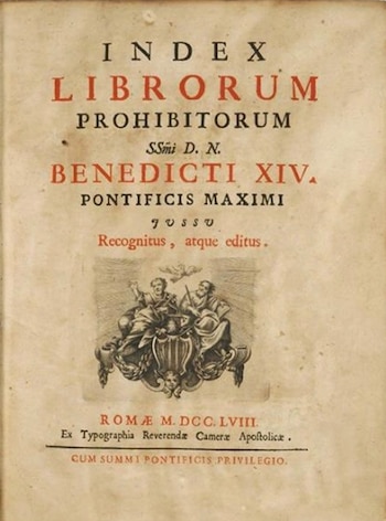 Portada de un libro antiguo con el título 'Index Librorum Prohibitorum' y el nombre 'Benedicti XIV'. Incluye una ilustración y fecha 1758
