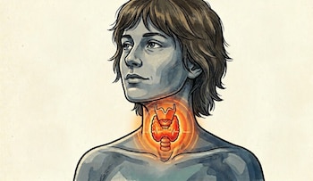 Ilustración de la parte superior del torso de una persona con cabello castaño, mostrando la glándula tiroides en el cuello destacada con un brillo naranja