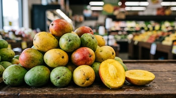 Mangos verdes, amarillos y rojos apilados sobre una mesa de madera, junto a un mango cortado por la mitad en un supermercado.