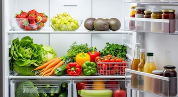 Interior de un refrigerador abierto, mostrando estantes llenos de diversas frutas como fresas, uvas y aguacates, y verduras como lechugas, zanahorias, pimientos y tomates, junto a botellas y frascos.