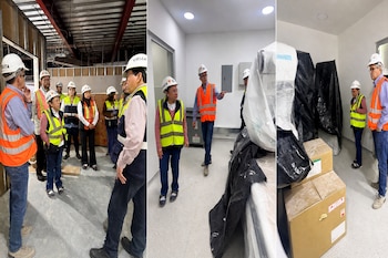 Tres fotos de personas con cascos y chalecos de seguridad en el interior de un inmueble en construcción y junto a cajas de equipamiento.