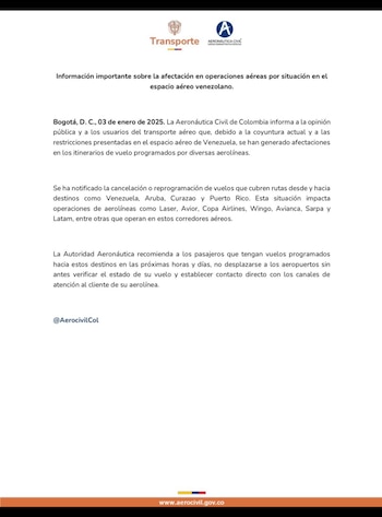 Aerocivil cancela vuelos por situación