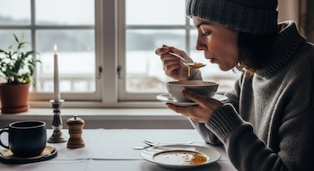 Una persona con gorro y suéter gris come sopa caliente de un tazón blanco con una cuchara, sentada frente a una ventana con paisaje invernal y una vela encendida.