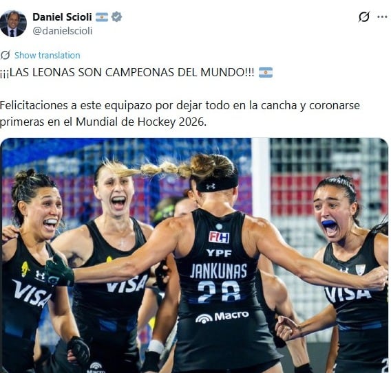 Una publicación en redes sociales del funcionario Daniel Scioli felicita a la selección femenina de hockey de Argentina por la obtención del campeonato mundial. (Daniel Scioli)