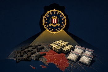 Insignia del FBI proyectando luz sobre pistolas negras, fajos de dólares y bolsas con metanfetamina dispuestos sobre un mapa de Los Ángeles.