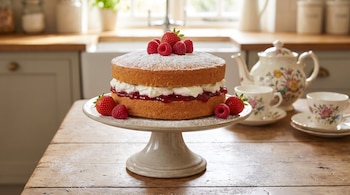 Una torta en un pedestal, decorada con azúcar impalpable, fresas y frambuesas, sobre una mesa de madera con tetera y tazas al fondo en una cocina.