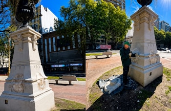 Imagen dividida: a la izquierda, la base de una escultura dañada. A la derecha, un operario restaura la misma base en una plaza urbana