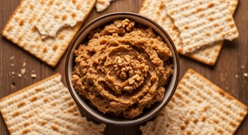 Vista cenital de un cuenco pequeño de charoset marrón claro, con nueces enteras, rodeado de galletas matzá cuadradas sobre un fondo de madera rústica.