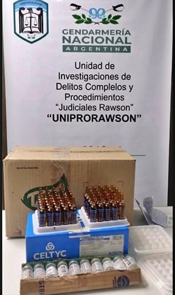 Múltiples ampollas de medicamentos y una caja marrón apiladas sobre una mesa, con un cartel de la Gendarmería Nacional Argentina de fondo