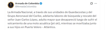 La Armada mantiene la búsqueda de Juan Carlos López tras el vuelco de una moto acuática en Puerto Velero - crédito Armada de Colombia / X