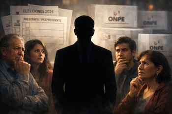 Silueta oscura de un candidato presidencial rodeada por cuatro personas pensativas. Al fondo, papeletas electorales de Elecciones 2026 y cajas de la ONPE.