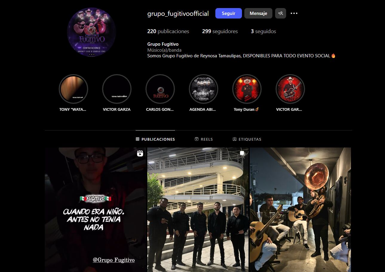 Perfil de Instagram del grupo. (IG: grupo_fugitivoofficial)
