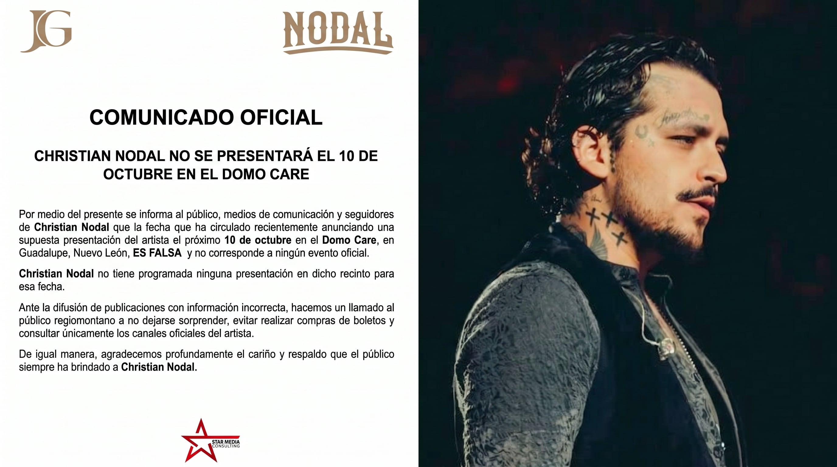 Un comunicado de Christian Nodal aclara que la supuesta presentación del 10 de octubre en el Domo Care de Guadalupe, Nuevo León, es falsa. (Imagen Ilustrativa Infobae)