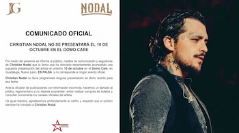 Comunicado oficial junto a una fotografía del cantante Christian Nodal de perfil con tatuajes en el cuello y el rostro.