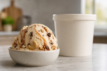 Una bola de helado con salsa de caramelo, frutos secos y trozos de chocolate en un plato hondo blanco junto a un envase cilíndrico.