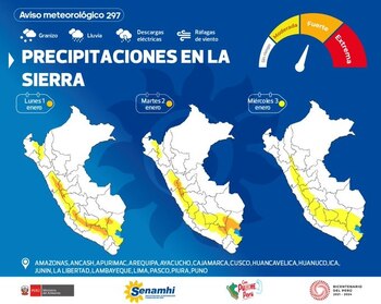 Senamhi pronostica precipitaciones de lluvia, nieve y granizo en diferentes regiones del país para los primeros tres días del año 2024. (Foto: Senamhi/X)