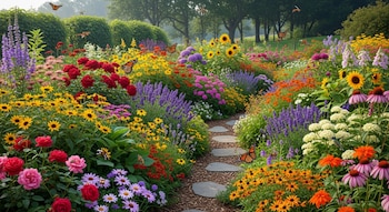 Un jardín con un camino de piedra rodeado de variadas flores como rosas rojas y rosadas, girasoles, lavanda y margaritas, con mariposas volando.