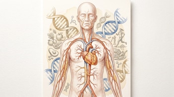 Ilustración de un torso humano con el corazón y vasos sanguíneos, hebras de ADN, frutas, verduras y la figura de una persona corriendo.