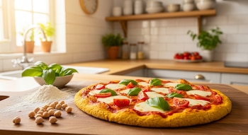 Pizza casera de masa amarilla con salsa de tomate, mozzarella y hojas de albahaca fresca, sobre una tabla de madera junto a harina y garbanzos crudos, en una cocina.